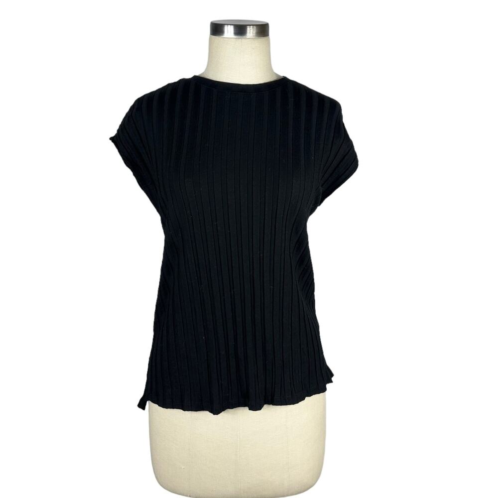 EILEEN FISHER Black Ribbed Knit Short Sleeve Stretch Top XXS‎ FLAWED